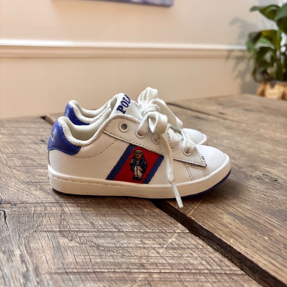 Polo Ralph Lauren Logo Bear Leather Children Low Top Lace Up Sneakers Embroidere